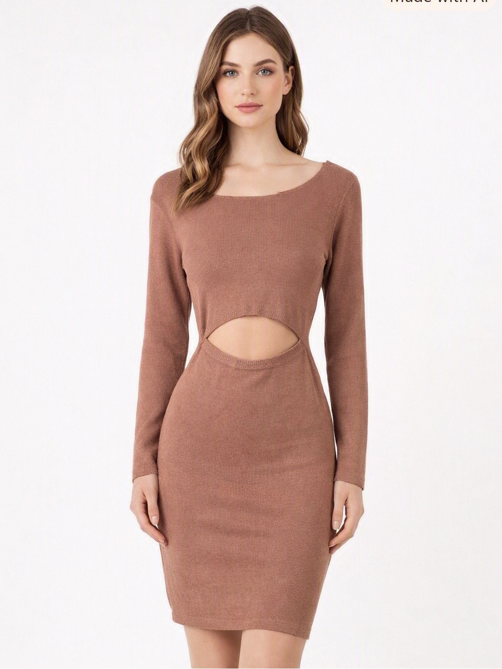 Vici Long Sleeve Cutout Knit Dress in Brown